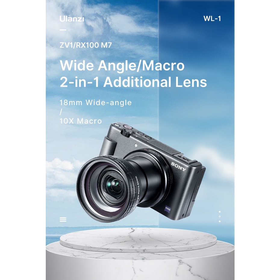 ULANZI WL-1 Wide Angle Lens Compatible for Sony ZV1/RX100 VII,18mm Wide Angle/ 10X Macro 2-in-1 Additional Lens
