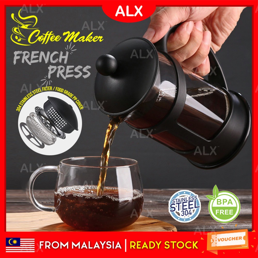 ALX French Press Coffee Maker 304 Stainless Steel Rust-Proof Coffee Maker Household Teapot Filter Pembancuh Kopi 咖啡壶