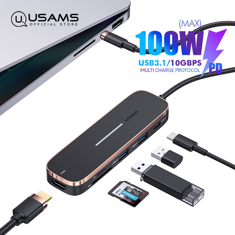 USAMS 6 in 1 Multifunctional TypeC Hub USB 3.0 TF/SD Card Reader