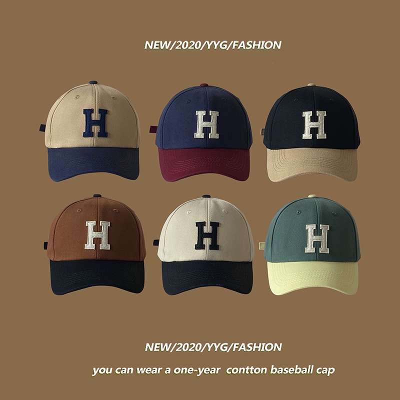 H Standard Color Matching Baseball Cap Female Big Head Circumference Slimmer Look Face Small Letter Blue Hat Male Korean Version Trendy