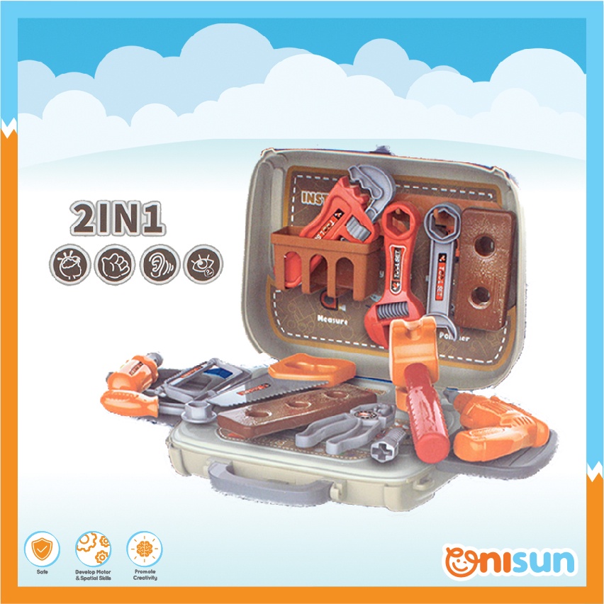 【Ready Stock】2 in 1 Kids 25pcs Portable Tools Hand Bag Pretend Playset with Accessories (Mainan Tukang)