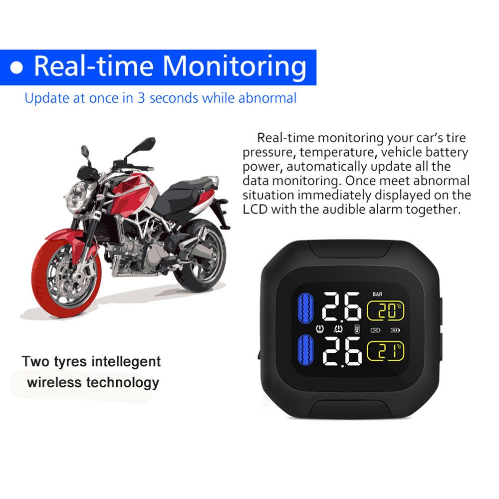 CAREUD Motorcycle Tire Pressure Monitoring System Wireless Motorcycle TPMS Tires Motor Auto Tyre Alarm System Waterproof with 2 External Sensors for Two-Wheeled Motorcycle Sensor 18x13 