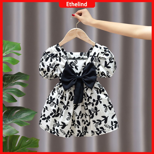 Lovekids】Kids dress for girls puff dress toddler baby Girl 1-8 years old Baby Children's broken flower puff sleeve big bow summer/Baju dress slave girl baby girl clothes puff sleeves 1-8 years old bab