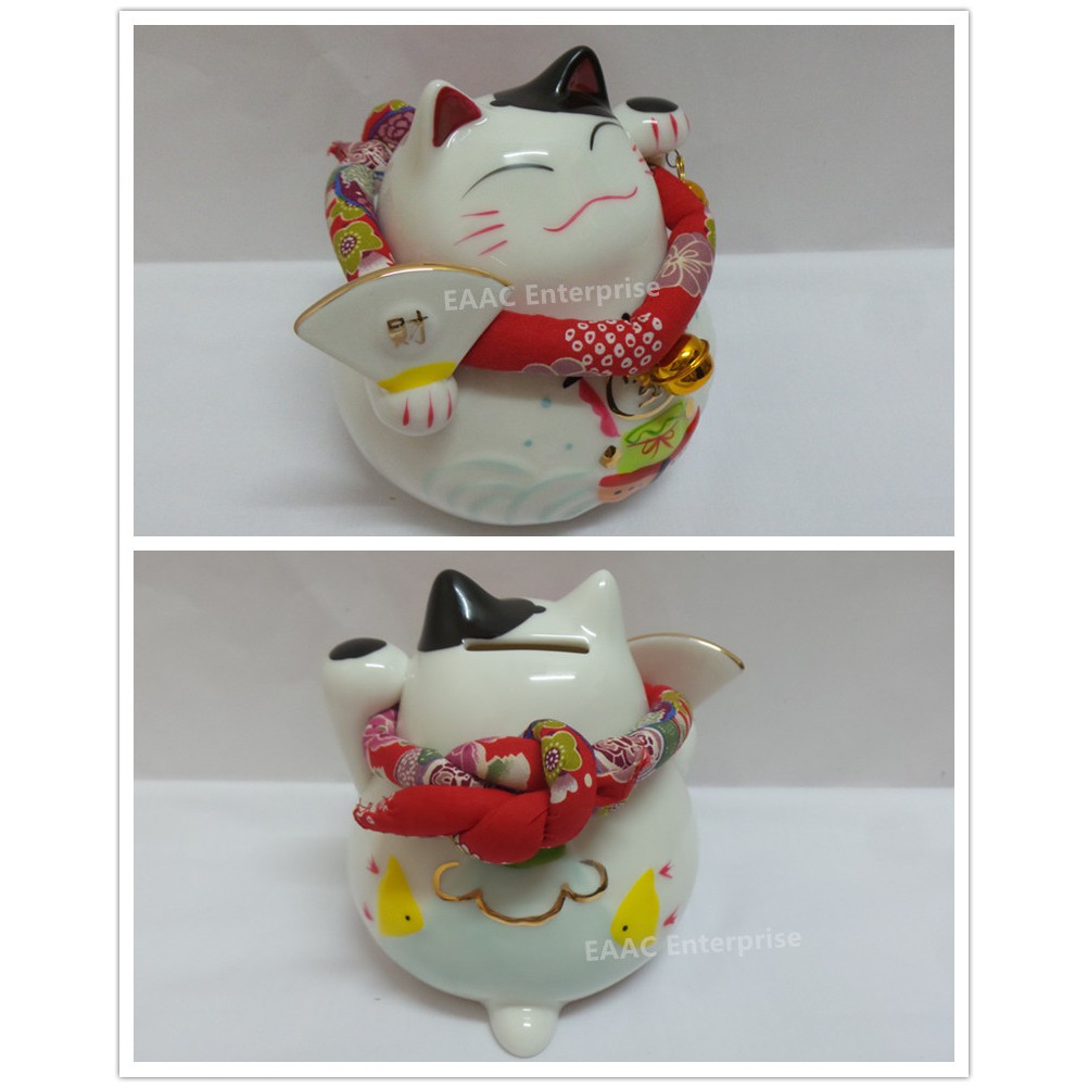 Ceramic Quality 6" Lucky Fortune Cat Saving Box Bank + Red Cushion 招财猫扑满 2