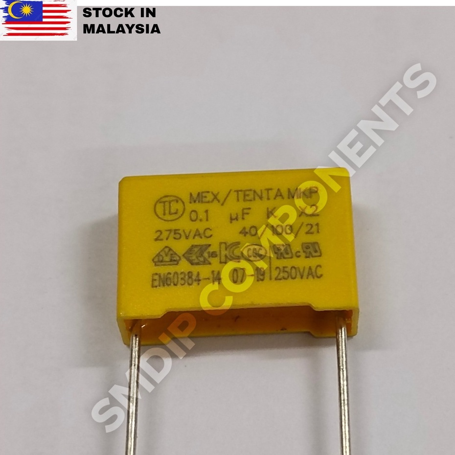 Tenta 0.1uF 275V, X2 AC Film Capacitor, 11 (H) x 5 (D) x 15mm (Lead Spacing) (104K) Shopee
