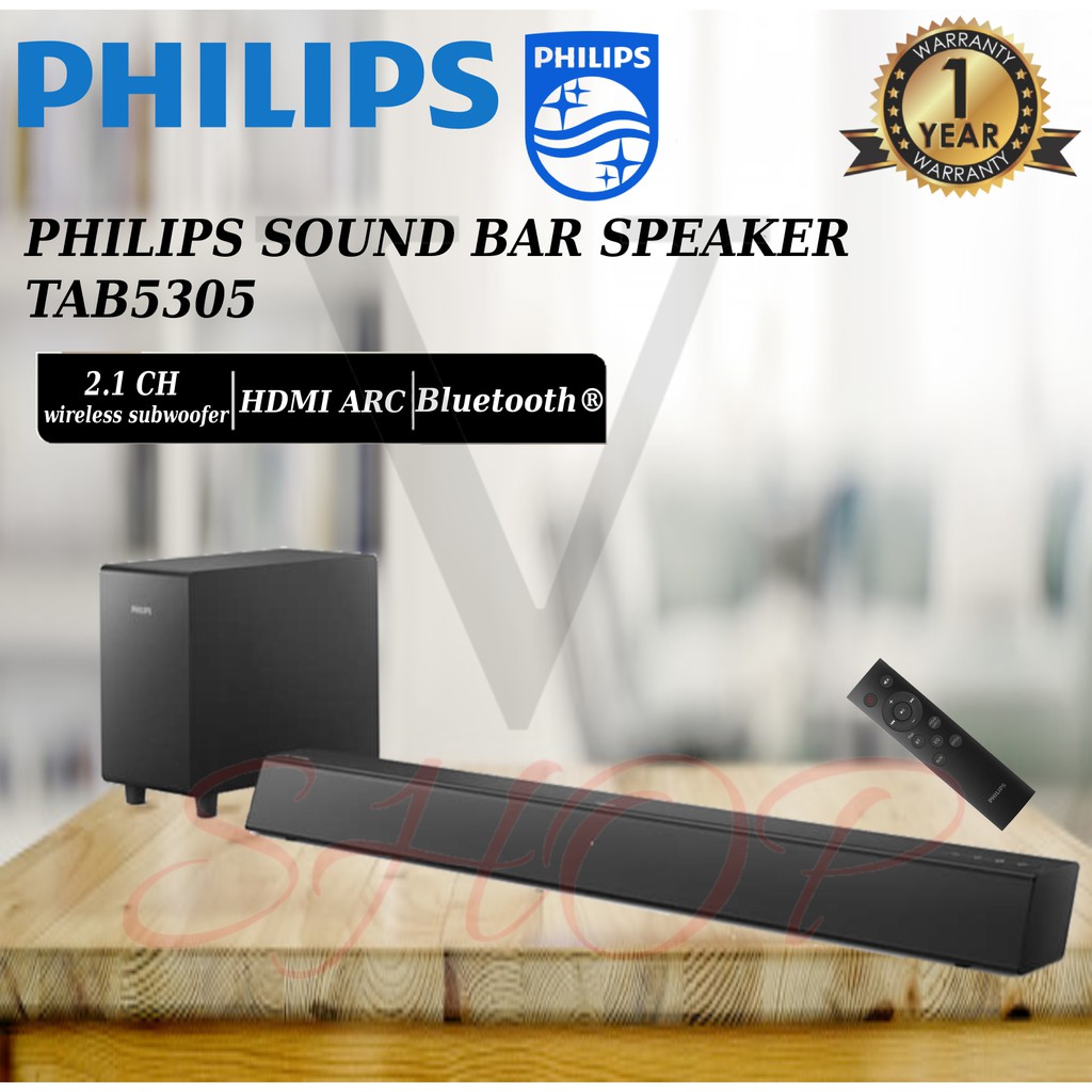 PHILIPS 2.1CH SOUND BAR SPEAKER 70W WIRELESS SUBWOOFER WITH BLUETOOTH TAB5305