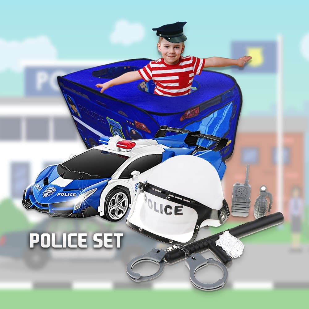 Topi Kids Police Helmet Set Pretend Play With Tent Helmet Transformer Car