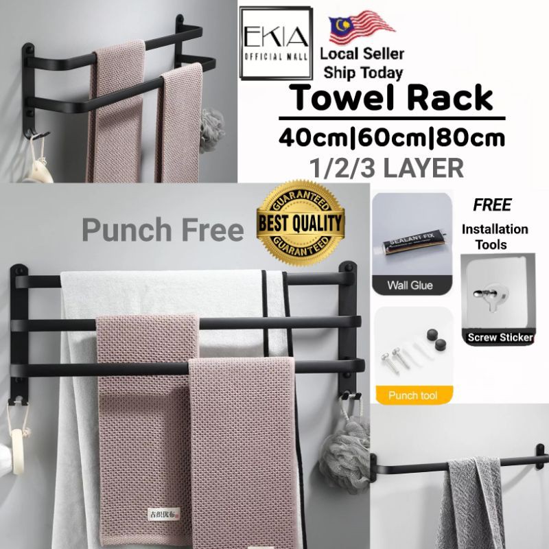 ????????3 Layer Towel Bar Black Aluminium Towel Hanger With Hook Bathroom Rack  | Shopee Malaysia