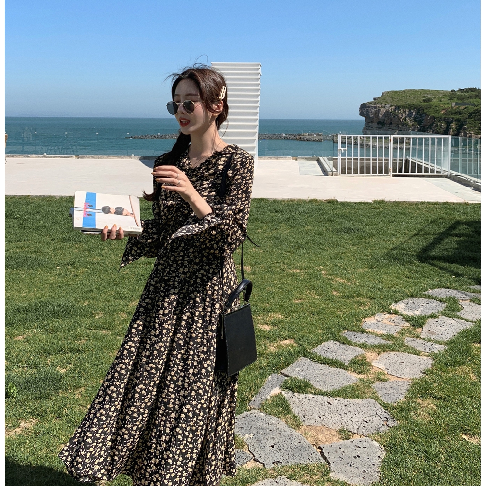 Korean Dress Temperament Dress Long Sleeve One Piece Dress Spot Girls Autumn And Winter New Style Yafeng Skirt Korean Version With Underlay Broken Flowers Show Thin Dress Knee Length Dress Dress Dress