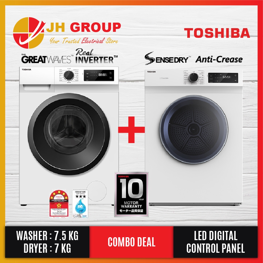 TOSHIBA 7.5KG FRONT LOAD WASHER TWBH85S2M + 7KG TUMBLE DRYER TDH80SEM