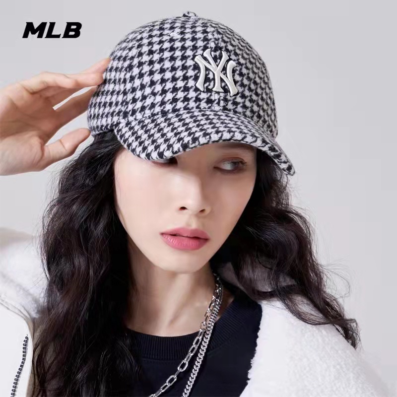 Women Houndstooth Cap Embroidery Retro mlb NY Baseball Cap White Black Plaid Hats Shopee Malaysia