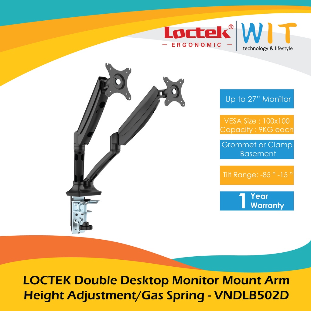 LOCTEK Double Desktop Monitor Mount Arm Height Adjustment/Gas Spring - VNDLB502D