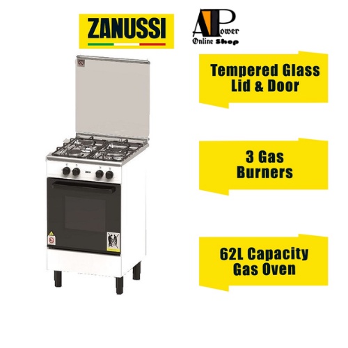 Zanussi Free Standing Gas Cooker ZCG530W (62L Gas Oven) 3 Gas Burners - White