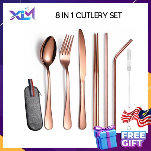 XLM 8 IN 1 CUTLERY SET/ PORTABLE SPOON FORK SET/ REUSEABLE STRAW UTENSILS SET/TRAVEL DINNERWARE SPOON FORK SUDU GARFU 餐具