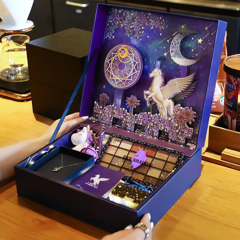 Unicorn Gift Set Girl Present Hadiah Surprise Perempuan Necklace Eyeshadow Lipstick Gift Box 独角兽礼盒