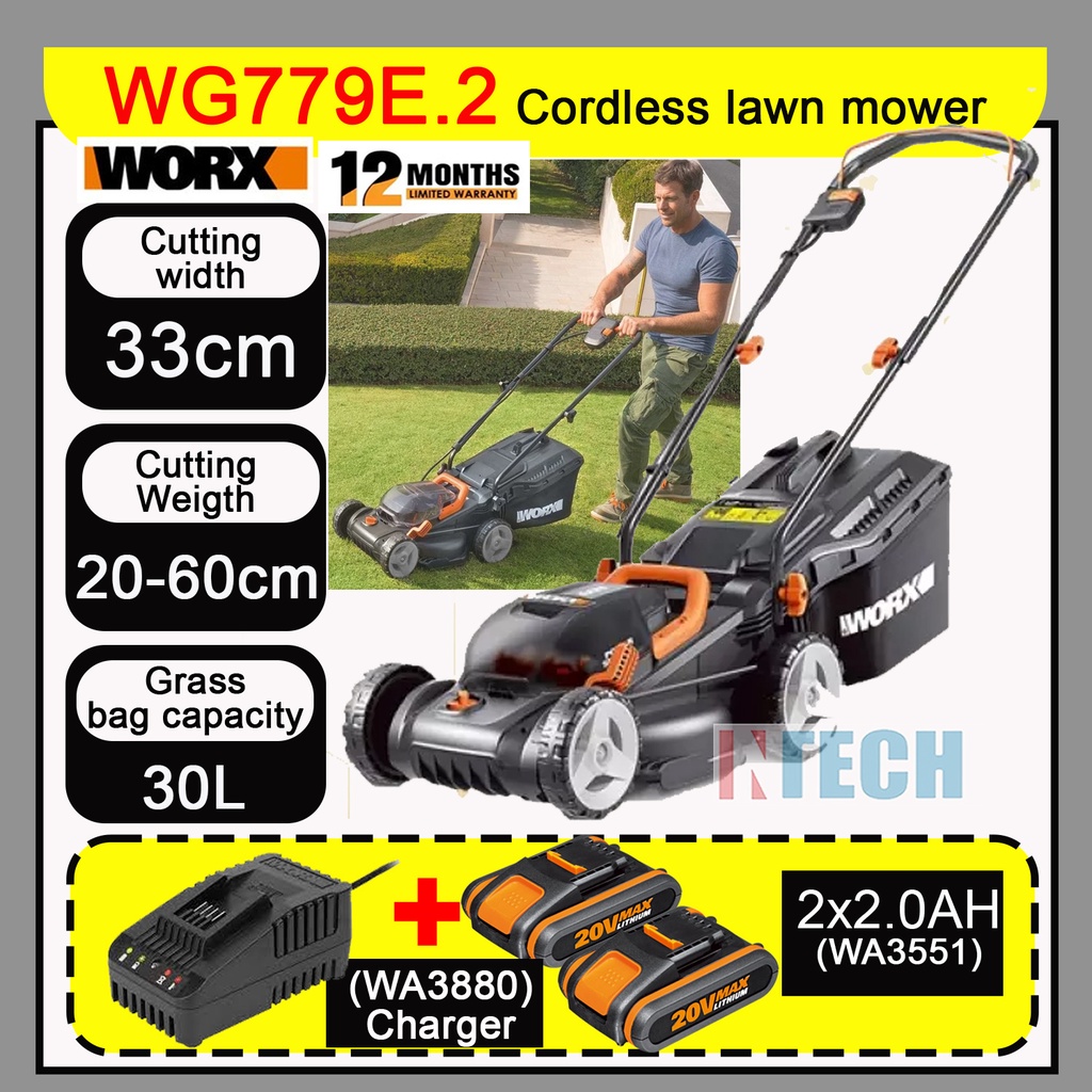WORX WG779E.2 / WG779E CORDLESS LAWN MOWER C/W 2x 20V 2.0AH BATTERY ...