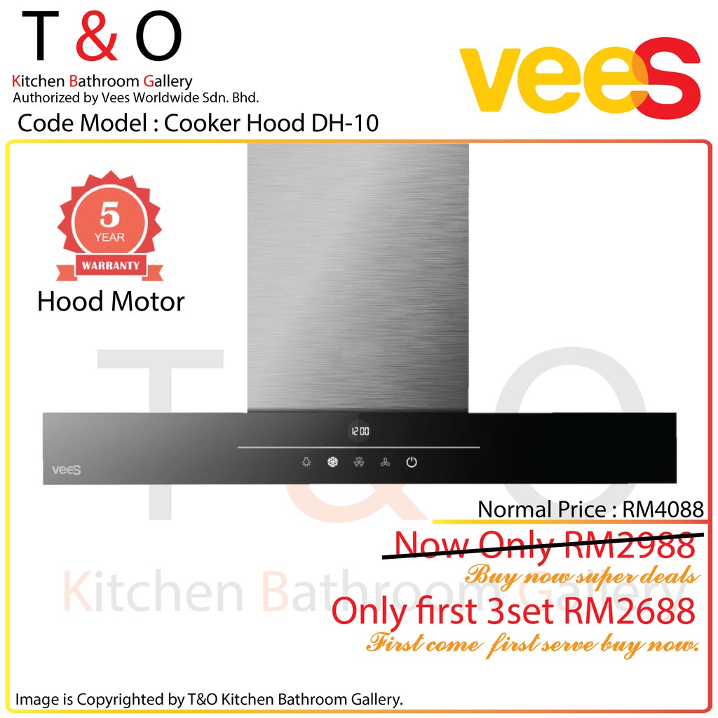 Vees Cooker Hood DH-10 T-Shape Chimney Hood with High Suction Power 1600m3/h