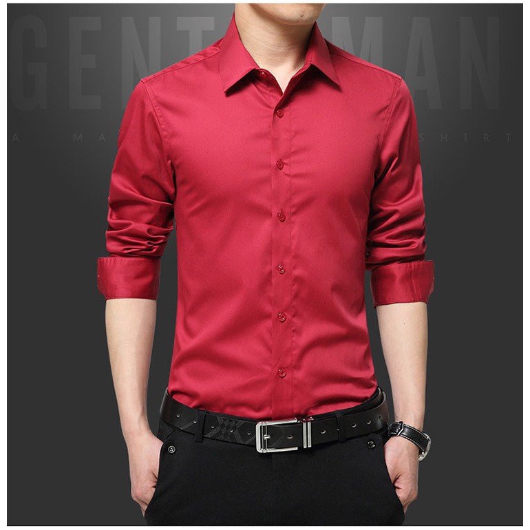 Men Dress Shirts Red Color Fashion Social Casual Men Shirt Slim Fit Long Sleeve Shopee Malaysia