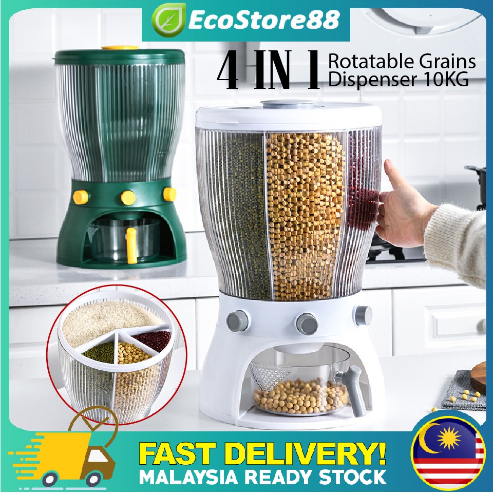 4 IN 1 Multifunction 360 Rotatable Grains Dispenser Cereal Rice Dispenser Food Compartment Storage 10KG Bekas Beras