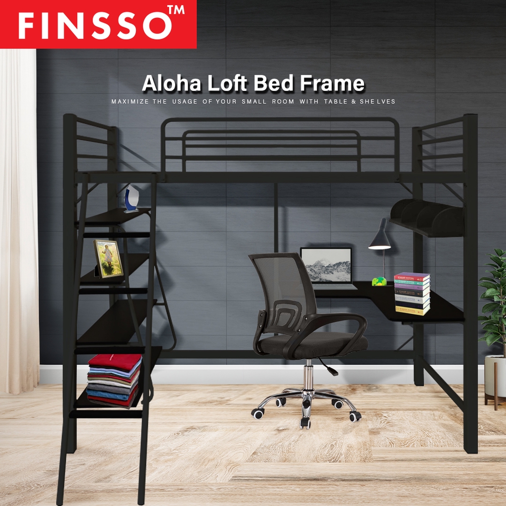 FINSSO : Aurora Loft Single Metal Bed Frame with Study Table & Book Shelves