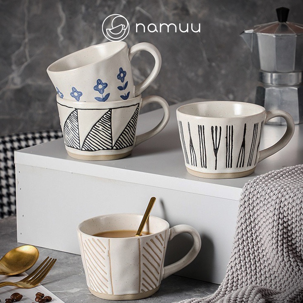 NAMUU 300mL Retro Tableware Nordic Ceramic Cup Flower Geometry Hand-painted Cup Ceramic Coffee Mug Cawan Seramik 陶瓷杯 水杯