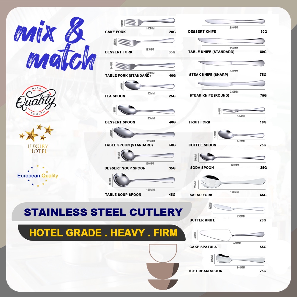 HOTEL Stainless Steel Cutlery Table Dinner Spoon Fork Steak Knife Dessert Soup Coffee Cake Tea Cutleries Sudu Garfu Besi