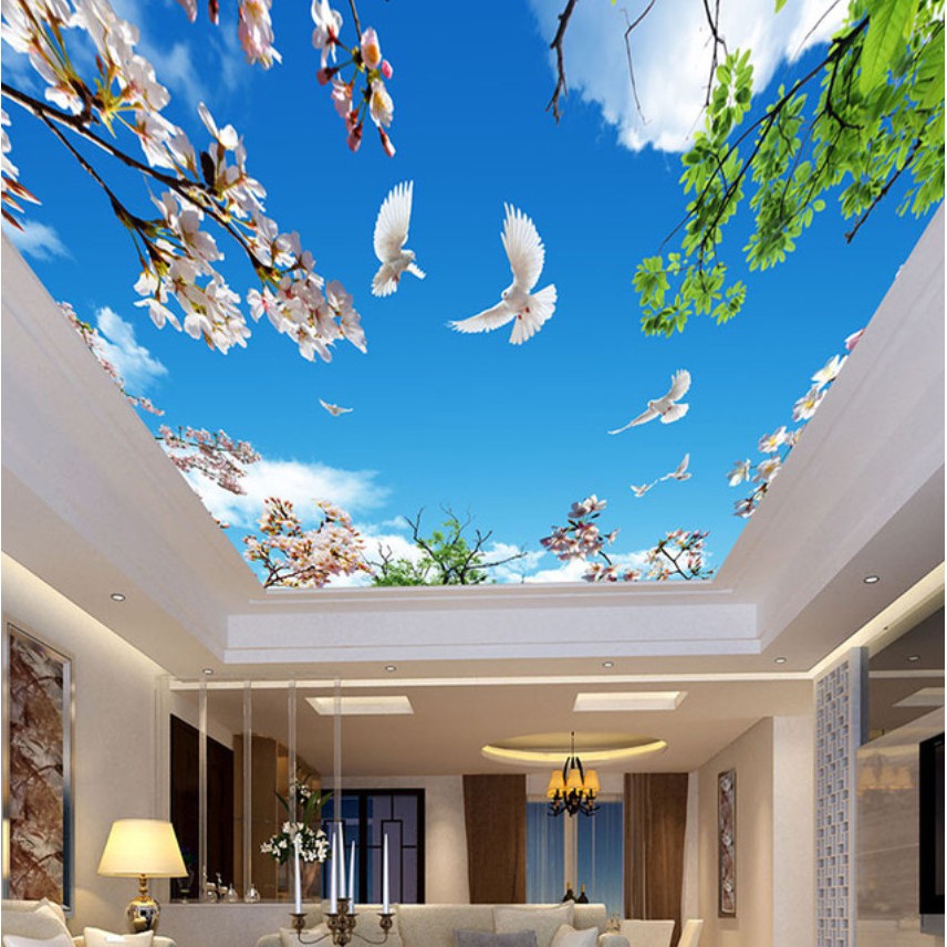 3d Blue Sky White Clouds Green Leaf Mural Decorative Ceiling