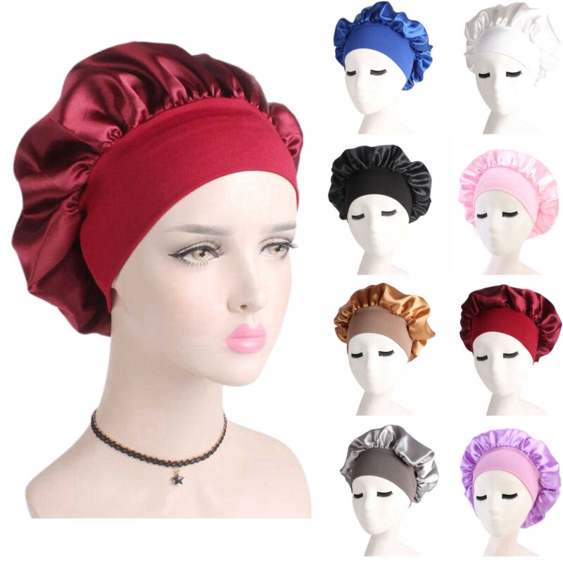 Essential Must Women Soft Solid Wide-Brimmed Silk Sleep Cap Bath Hair Care Elastic Bonnet Nightcap - Image 5