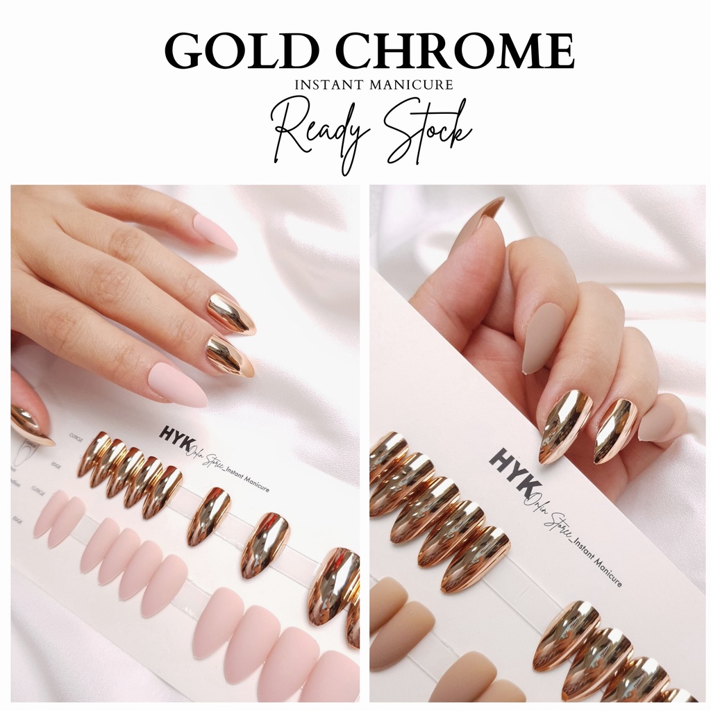 ReadyStock] 24Pcs Gold Nail Chrome Nail Fashion Fake Nails Adhesive Sticker  Kuku Palsu Press On Nails Reusable | Shopee Malaysia