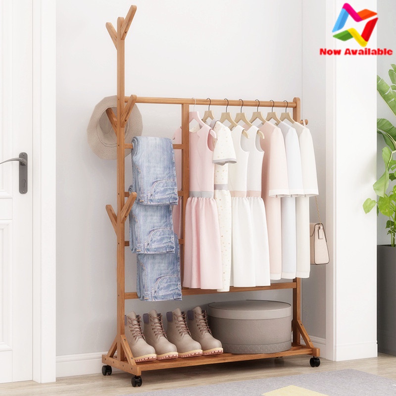 【NV Ready Stock】Solid Bamboo Floor Clothing Rack Wheel Rack Bedroom Furniture Coat Rak Almari Cloth Hanger Hanging Rack