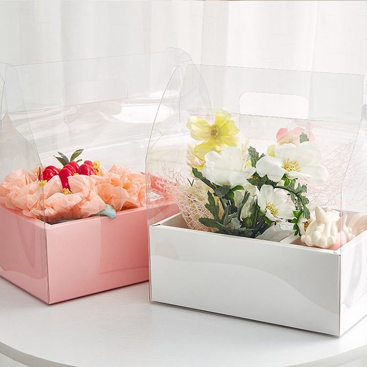 Luxury 3 Colours Foldable Transparent Flower Box Handle / Transparent Gift Box Cake Kotak Bunga Florist / Flower Bouquet