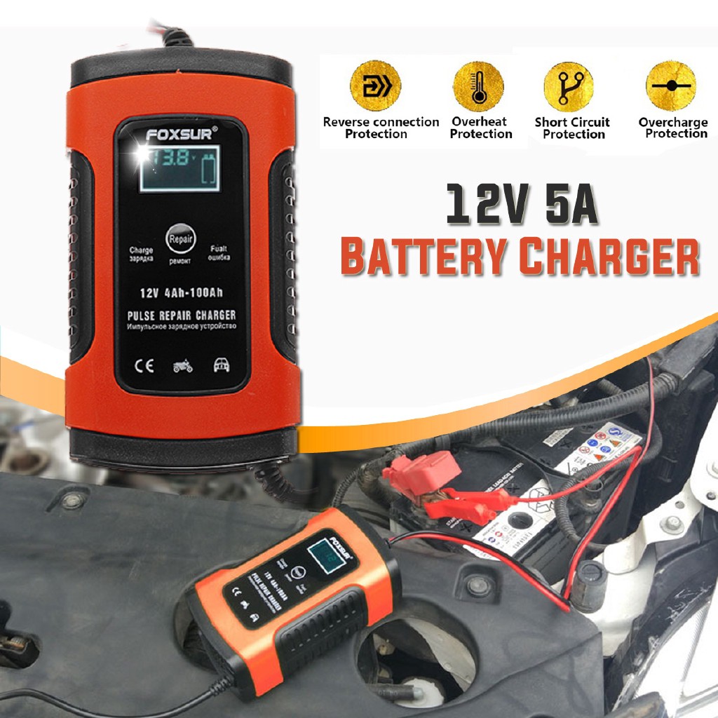 [Local Ready Stock] FOXSUR Car Battery Charger 12V 5A Pulse Repair LCD Battery Charger Car Motorcycle Wet Lead Acid