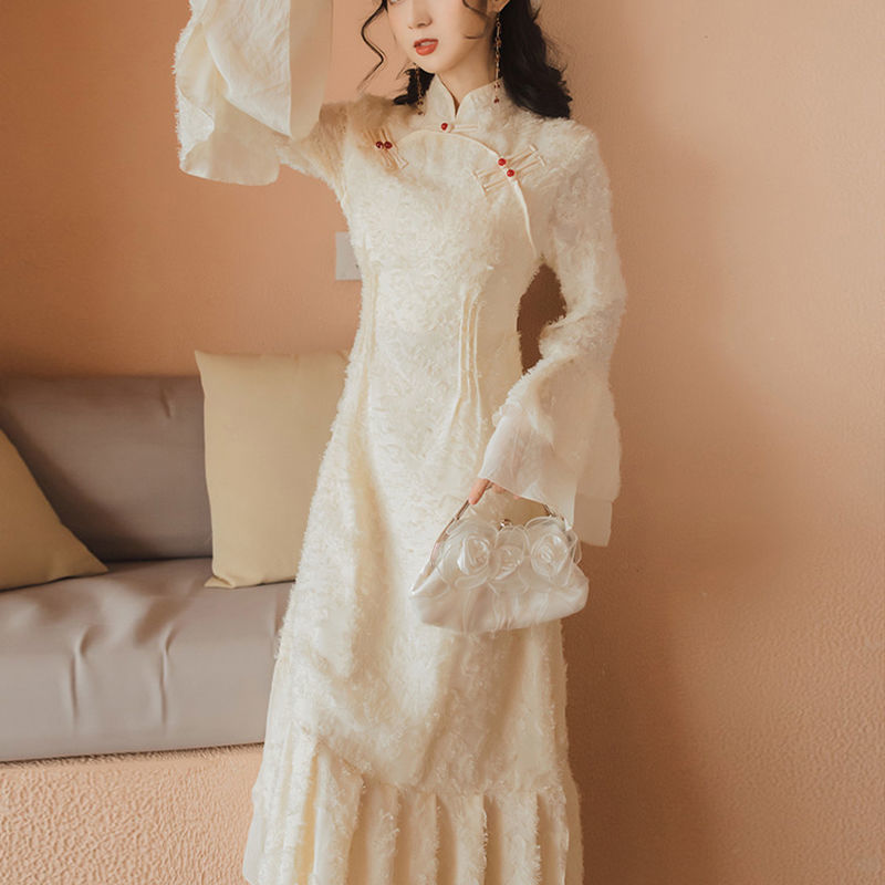 2022 new improved cheongsam, fashionable soft youth style elegant waist dress