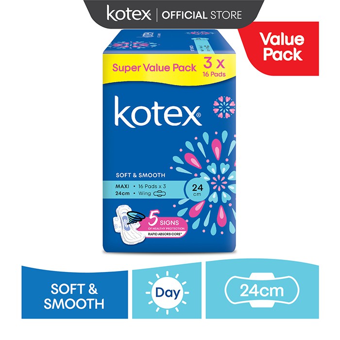 Kotex Soft & Smooth Maxi Wing (24cm/16's x 3 Pack