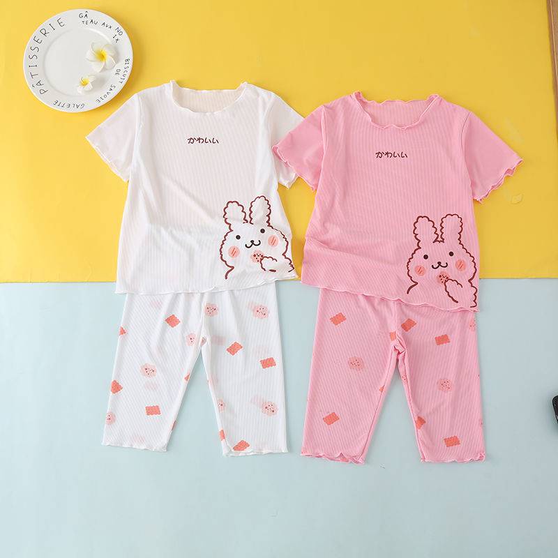 Girl Shortsleeved Pajamas Summer Ice Silk Cotton Home Clothing Suit