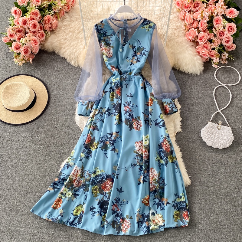 women elegant long dress spring summer patchwork mesh long sleeve a