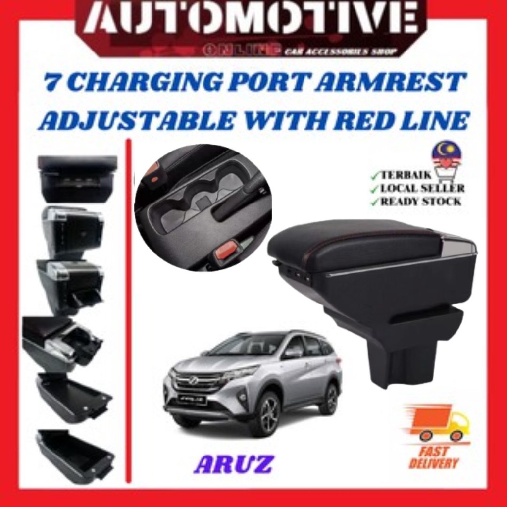 PERODUA ARUZ ARMREST ADJUSTABLE 7 USB CHARGING PORT WITH RED LINE