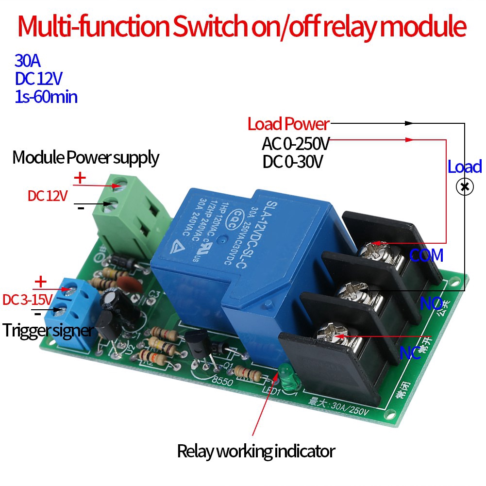 High Power 30A Trigger Control Delay Timer Switch Turn ON//Off Time Relay Module