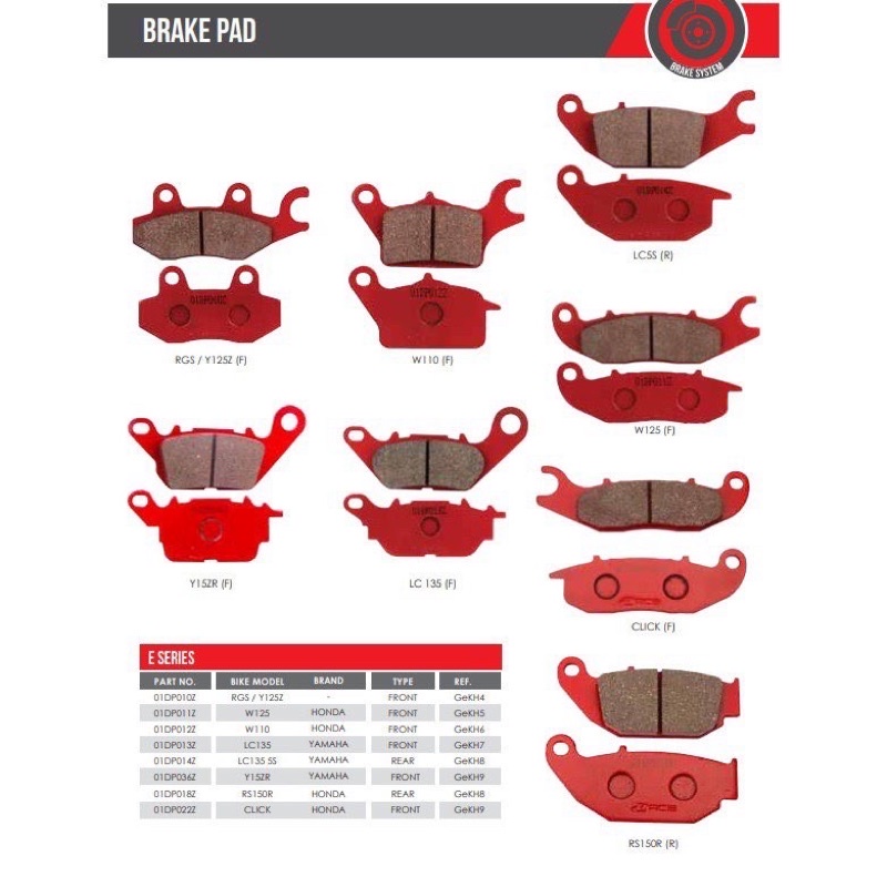 RCB Brake DISC Pad Y15ZR LC135 Y125Z RS150 WAVE 110 125 W125 EGO S