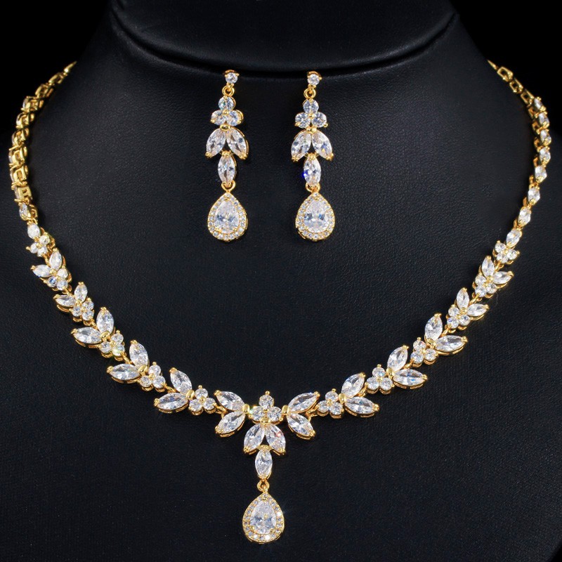 CWWZircons Elegant Leaf Drop African Nigerian CZ Zirconia Yellow Gold Brides Wedding Jewelry Set for Women Party Dress J026