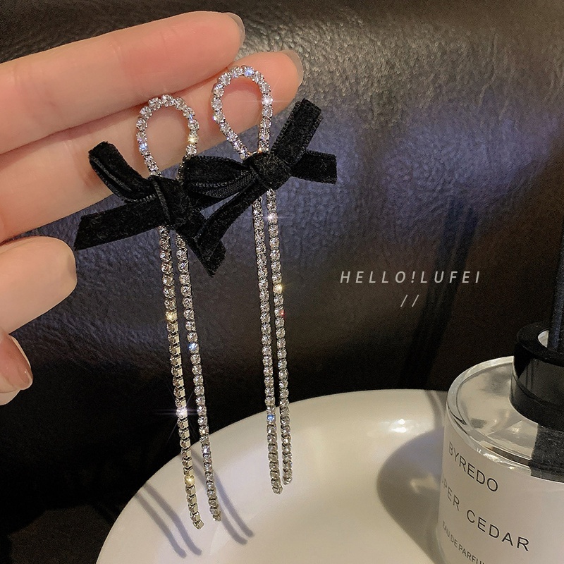 Black Vintage Bow Earrings Women's Graceful Online Influencer Long Earrings Tassel2023Years of the New-Drop Earrings Earrings