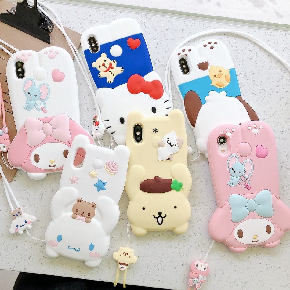 Japan Cartoon Cute My Melody Case for iPhone 12 Mini 11 Pro X XR XS MAX 7 8 Plus 3D Doll Cinnamoroll Soft Silicon Lanyard Cover