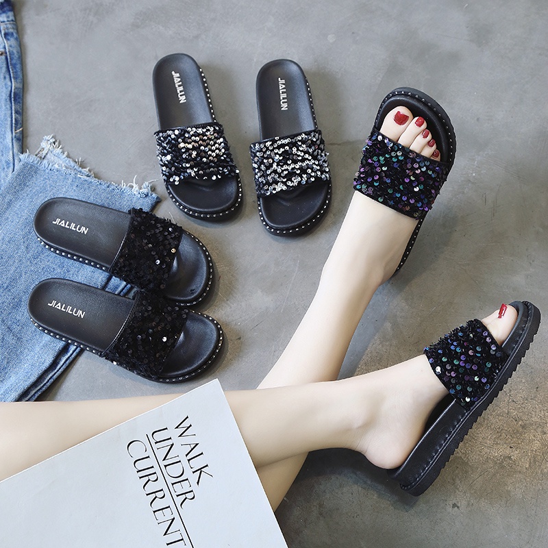 Slippers women wear fashionable thick bottom Sequin muf slippers women's outer wear fashionable thick bottom sequin muffin sandals women's shoes slippers Korean version flat flip flops student 3.14