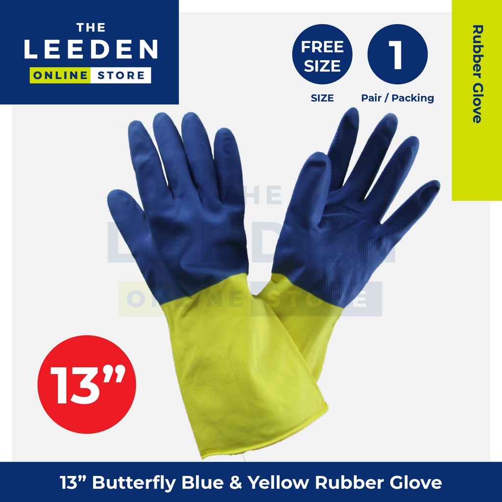 Butterfly Blue Yellow 13'' Rubber Glove Free Size (Pair) by Leeden Online Store