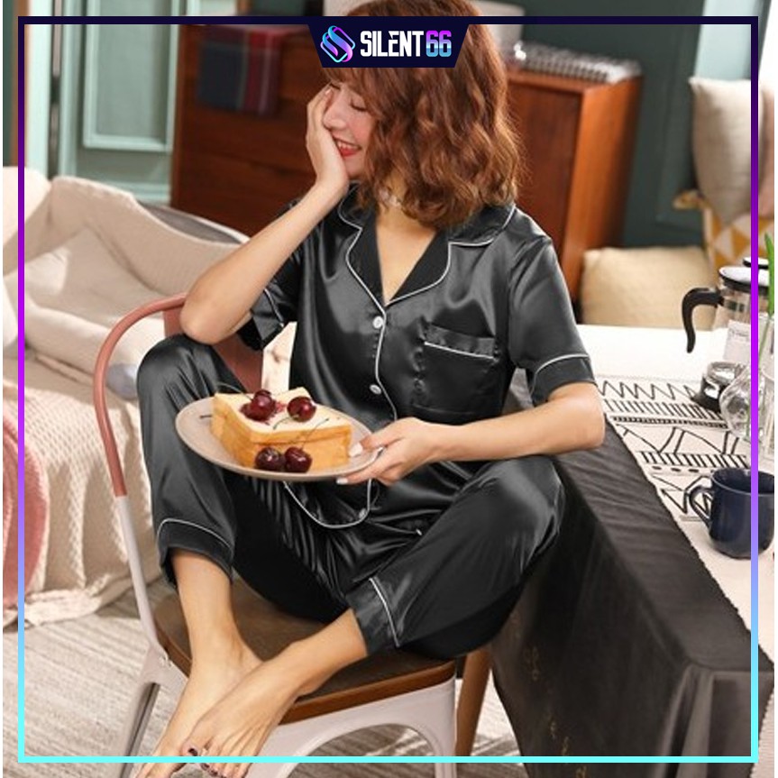 READY STOCK Women Sexy Silk Satin Pyjamas Set Short Sleeve Sleepwear Baju Tidur Perempuan Unisex Couple - CRYSTAL