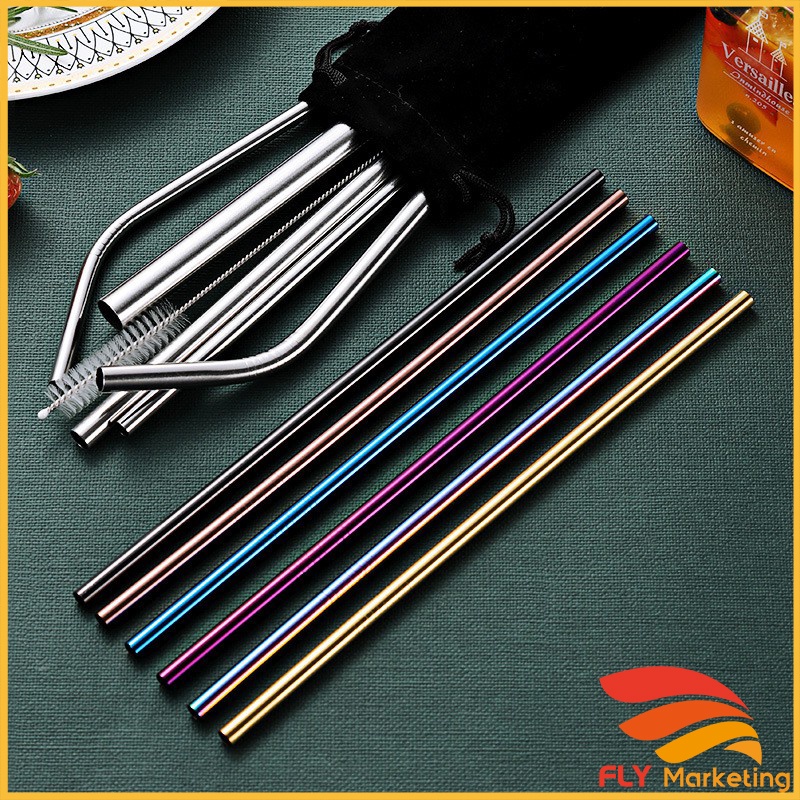 *Cheapest Ready Stock* 5 Pcs Set Stainless Steel Straw Eco Drinking Metal Straws Straight / Curve Reusable Washable