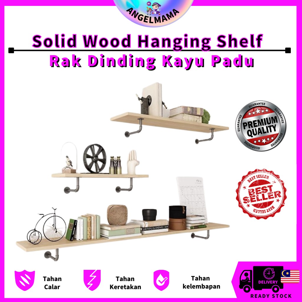 {M.SIA}SOLID WOOD VINTAGE RETRO PIPE WALL MOUNTED HANGING SHELF RACK ...