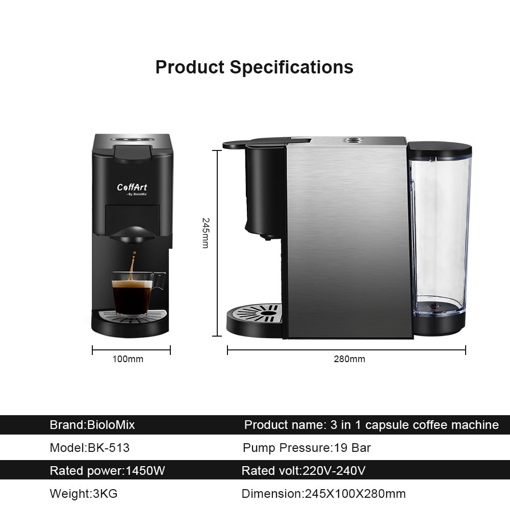 BioloMix 3In1 Function Capsule Espresso Coffee Maker Machine with 3