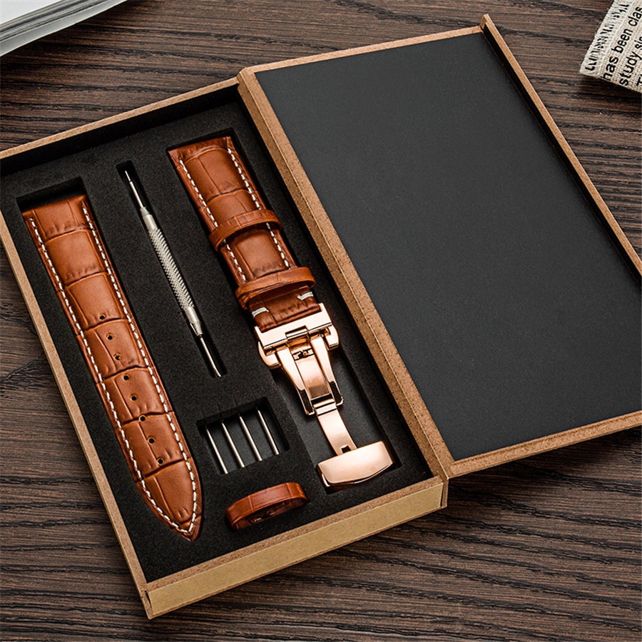 Genuine Calf Leather Watch Band Strap Alligator Grain Butterfly