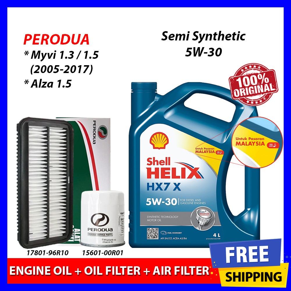 Shell Helix HX7 5W30 Engine Oil (4L)+Oil Filter+Air Filter 